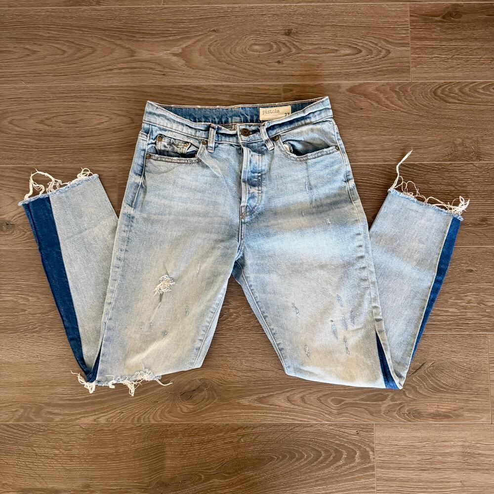 Pistola Charlie Two Tone Jeans Straight Colorblock Distress Raw Hem Sz 27 Grunge